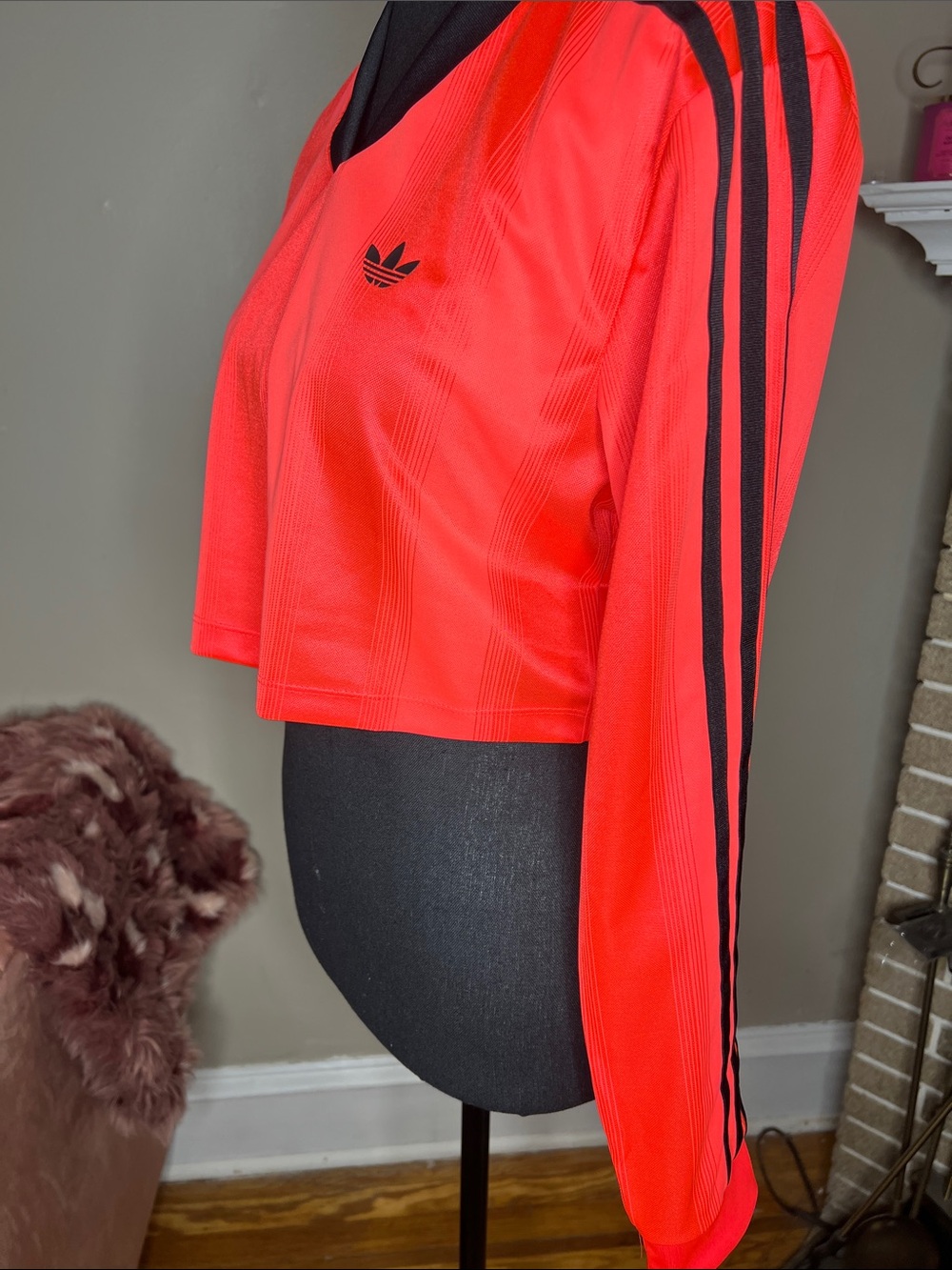 adidas Red Cropped V-Neck Long Sleeve Top with Black Accents - Picture 6 of 6